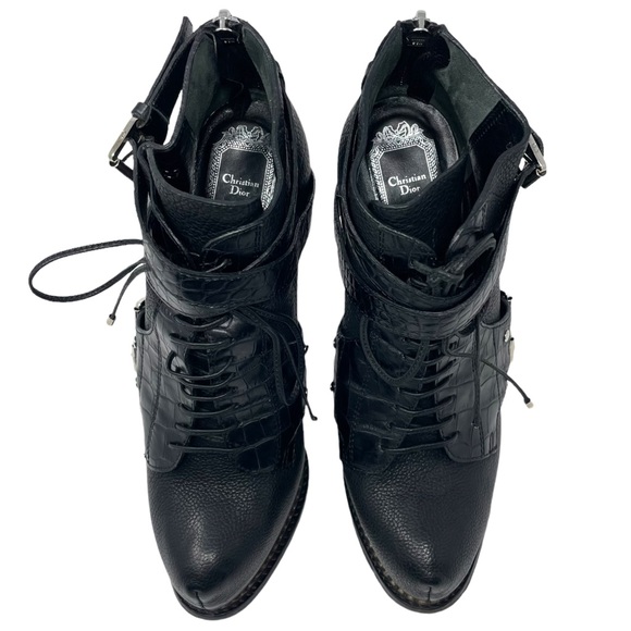 Dior Shoes - Dior Boots Lace-Up Stiletto Silver Buckle Black Leather Ankle